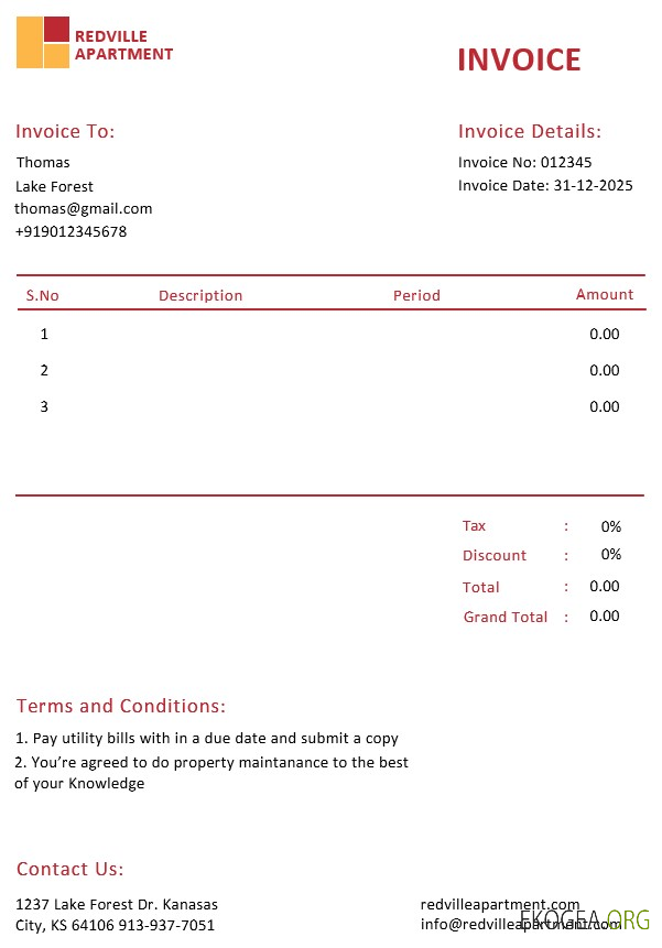 Modèle de facture de location d'appartement